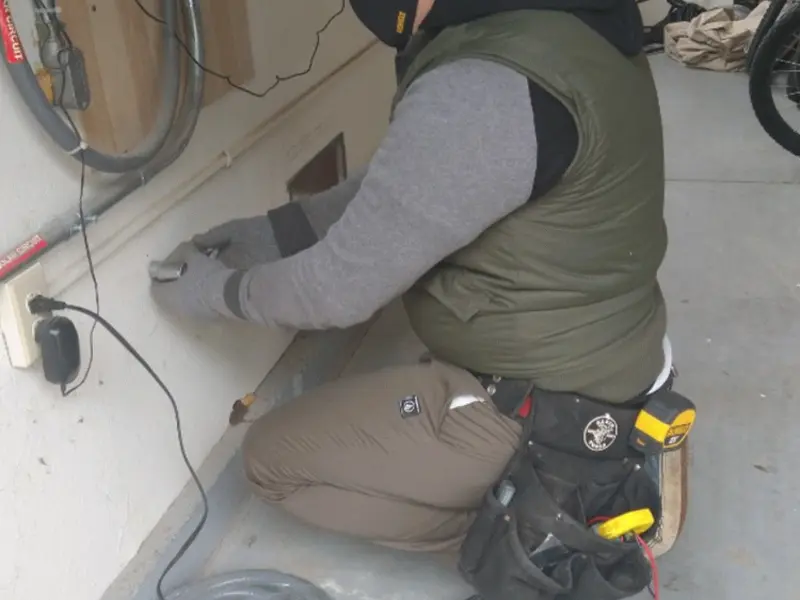 Electrician performing outlet wiring in a Castle Hills garage